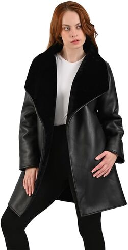 Nine West Women’s Black Faux Leather Coat with Faux Fur Collar – Elegant Long Jacket with Cozy Lining and Side Pockets in Saudi Arabia