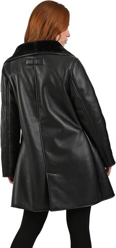 Nine West Women’s Black Faux Leather Coat with Faux Fur Collar – Elegant Long Jacket with Cozy Lining and Side Pockets in Saudi Arabia