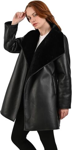 Nine West Women’s Black Faux Leather Coat with Faux Fur Collar – Elegant Long Jacket with Cozy Lining and Side Pockets in Saudi Arabia