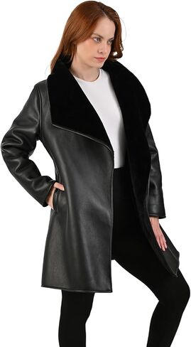 Nine West Women’s Black Faux Leather Coat with Faux Fur Collar – Elegant Long Jacket with Cozy Lining and Side Pockets in Saudi Arabia