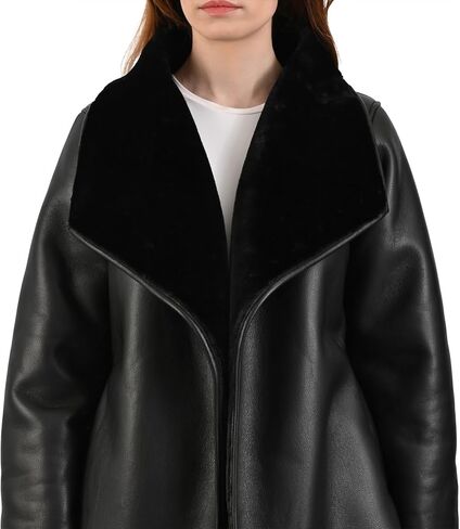 Nine West Women’s Black Faux Leather Coat with Faux Fur Collar – Elegant Long Jacket with Cozy Lining and Side Pockets in Saudi Arabia