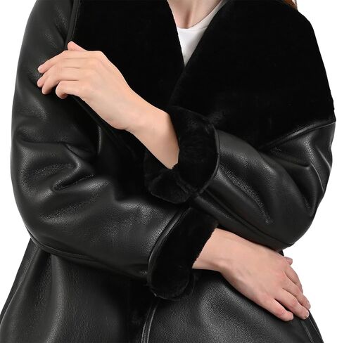 Nine West Women’s Black Faux Leather Coat with Faux Fur Collar – Elegant Long Jacket with Cozy Lining and Side Pockets in Saudi Arabia