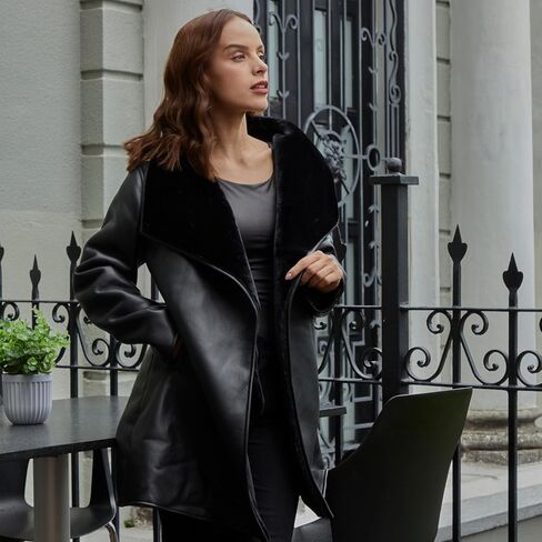 Nine West Women’s Black Faux Leather Coat with Faux Fur Collar – Elegant Long Jacket with Cozy Lining and Side Pockets in Saudi Arabia