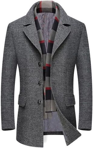 Men's Woolen Coat Single Breasted Notch Lapel with Detachable Plaid Scarfs Soft Classic Top Coat Winter in Saudi Arabia
