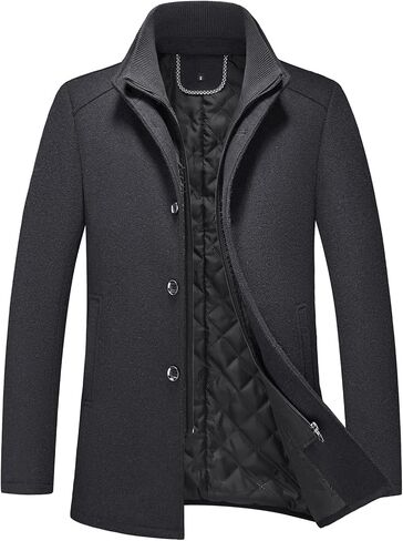Mens Wool Blend Coat with Removable Inner Collar Business Single Breasted Windproof Warm Winter Peacoat in Saudi Arabia