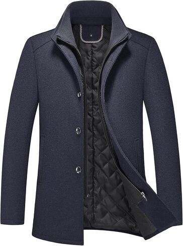 Mens Wool Blend Coat with Removable Inner Collar Business Single Breasted Windproof Warm Winter Peacoat in Saudi Arabia