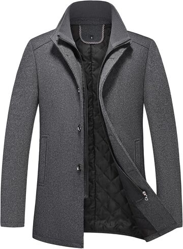 Mens Wool Blend Coat with Removable Inner Collar Business Single Breasted Windproof Warm Winter Peacoat in Kuwait