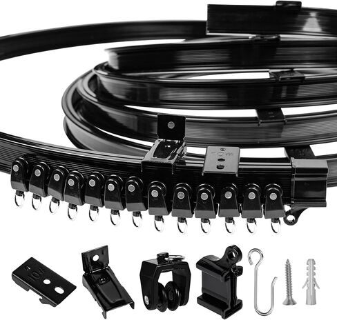 Flexible Ceiling Curtain Track System – 12ft Bendable Ceiling Mounted Curtain Rail for Room Divider, Bay Window, RV, Corner or Angled Ceiling – Sliding Track Kit with Gliders, Hooks & Brackets - Black in Saudi Arabia