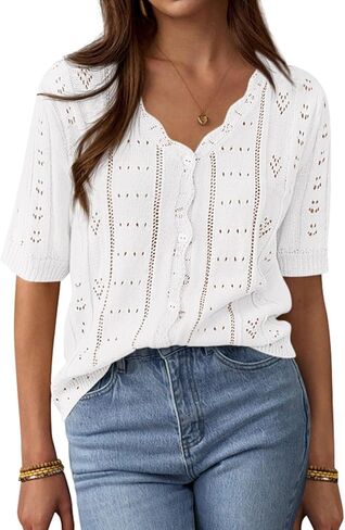 PRETTYGARDEN Womens Short Sleeve Crochet Knit Sweater Spring Fashion 2026 Button Down Lightweight Cardigans Summer Tops in Saudi Arabia