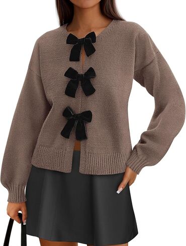PRETTYGARDEN Cardigan Sweaters for Women Fall Fashion 2026 Bow Tie Front Long Sleeve Knit Sweater Tops Cute Winter Clothes in Saudi Arabia