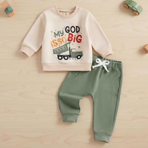 2 PCS Baby Toddler Boys Outfit Set Soft Breathable Stretchy Cotton for Fall Winter Sweatshirt and Jogger Pants Outfit in Saudi Arabia
