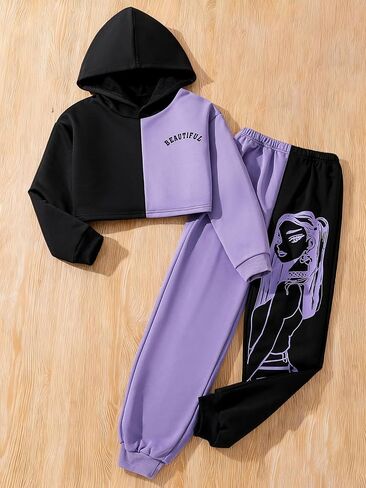 Girls 2 Piece Color Block Hoodie Sweatpants Set Teen Girl Long Sleeve Crop Hoodie Graphic Print Jogger Pants Tracksuit Outfit in Saudi Arabia