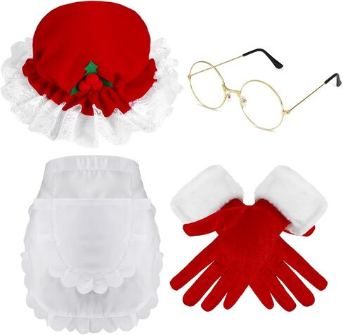HOWAF Mrs Claus Costume Adult Women, Christmas Santa Hat Xmas Hat, Red Gloves Santas Gloves, Christmas Apron Mrs Claus Apron, Santas Glasses for Outfit Santa Suit Xmas Costume Women 4pcs in Saudi Arabia