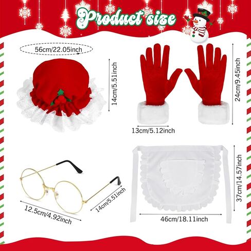 HOWAF Mrs Claus Costume Adult Women, Christmas Santa Hat Xmas Hat, Red Gloves Santas Gloves, Christmas Apron Mrs Claus Apron, Santas Glasses for Outfit Santa Suit Xmas Costume Women 4pcs in Saudi Arabia