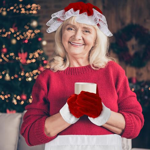 HOWAF Mrs Claus Costume Adult Women, Christmas Santa Hat Xmas Hat, Red Gloves Santas Gloves, Christmas Apron Mrs Claus Apron, Santas Glasses for Outfit Santa Suit Xmas Costume Women 4pcs in Saudi Arabia