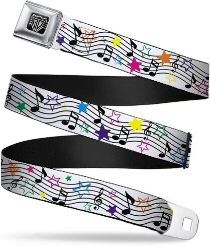 Buckle-Down Seatbelt Belt - Music Notes Stars White/Black/Multi Color - 1.0" Wide - 20-36 Inches in Length in Saudi Arabia