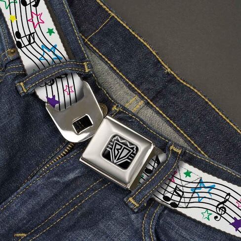 Buckle-Down Seatbelt Belt - Music Notes Stars White/Black/Multi Color - 1.0" Wide - 20-36 Inches in Length in Saudi Arabia