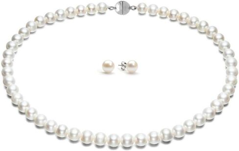 Elegant White Freshwater Pearl Necklace and Earring Set for Women, AA Grade 7-8mm Real Pearl Necklace and 7mm Pearl Stud Earrings, Elegant Pearl Jewelry Gift Set in Saudi Arabia
