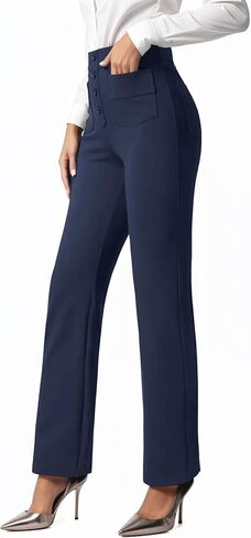 سروال نسائي من keriffe ذو ساق مستقيمة مع جيوب بخصر عالٍ، سروال عمل كاجوال للعمل يُسحب على سراويل المكتب in Kuwait