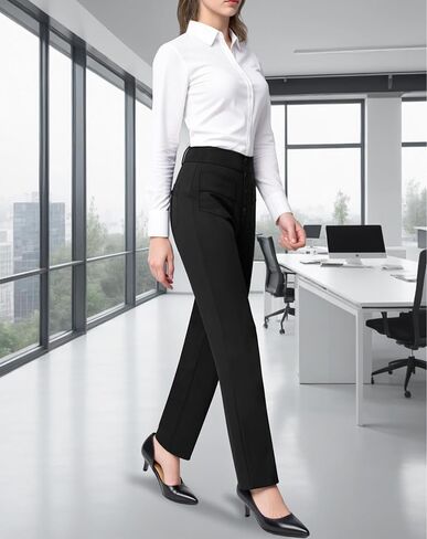 keriffe Women's Straight Leg Dress Pants with Pockets High Waist Business Casual Work Pants Pull On Office Slacks in Saudi Arabia
