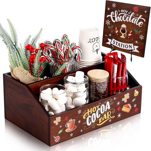 Christmas Hot Cocoa Bar Supplies Hot Cocoa Bar Wood Storage Box and Hot Chocolate Station Table Sign, Double Cute Wood Storage and Hot Chocolate Bar Sign for Home Kitchen Holiday Decor in Kuwait