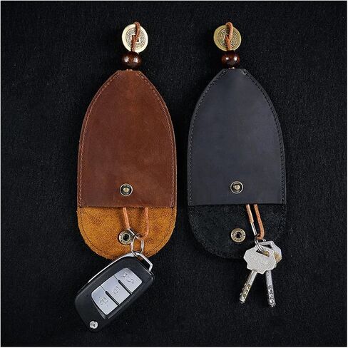 Key and Coin Holder Genuine Leather Key Holder Case Vintage Leather Car Key Bag Keychain Case Key Fob Organizer With Key Ring, Keys Protective Cover Keys with Zipper Coin Pocket(Black) in Saudi Arabia
