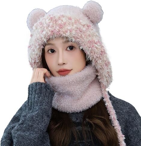 Plush Winter Hats for Women Warm Thick Hat Trapper Cap Cute Ear Protecting Caps Hooded Scarf Hat Set in Kuwait