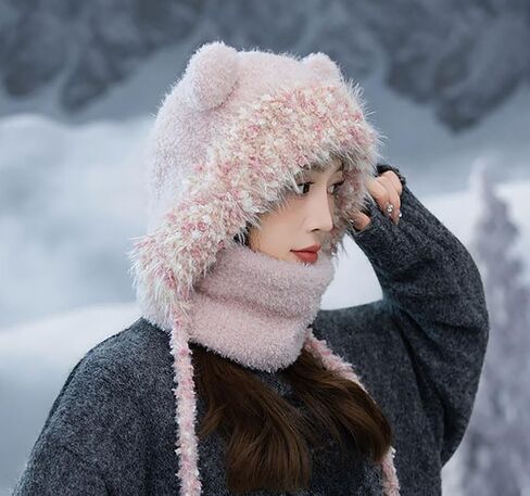 Plush Winter Hats for Women Warm Thick Hat Trapper Cap Cute Ear Protecting Caps Hooded Scarf Hat Set in Kuwait