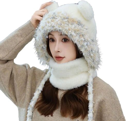Plush Winter Hats for Women Warm Thick Hat Trapper Cap Cute Ear Protecting Caps Hooded Scarf Hat Set in Kuwait