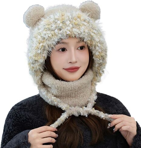 Plush Winter Hats for Women Warm Thick Hat Trapper Cap Cute Ear Protecting Caps Hooded Scarf Hat Set in Kuwait