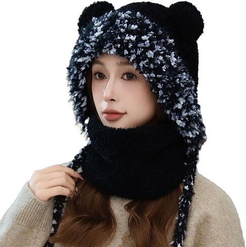 Plush Winter Hats for Women Warm Thick Hat Trapper Cap Cute Ear Protecting Caps Hooded Scarf Hat Set in Kuwait