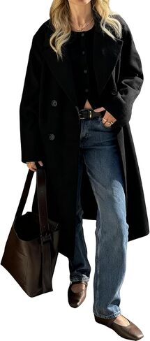Women's Long Wool Coat Notch Lapel Double Breasted Wool Blend Winter Pea Coat in Saudi Arabia