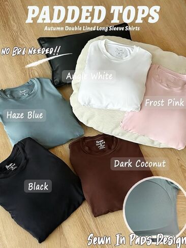 Danysu Double Lined High Round Neck Long Sleeve Tops for Women with Built in Bra Nylon Basic Crop Fall Tee Shirts in Saudi Arabia