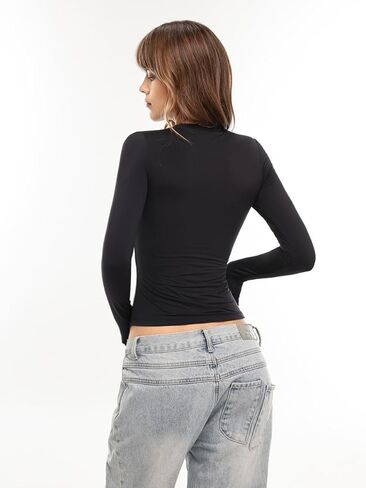 Danysu Double Lined High Round Neck Long Sleeve Tops for Women with Built in Bra Nylon Basic Crop Fall Tee Shirts in Saudi Arabia
