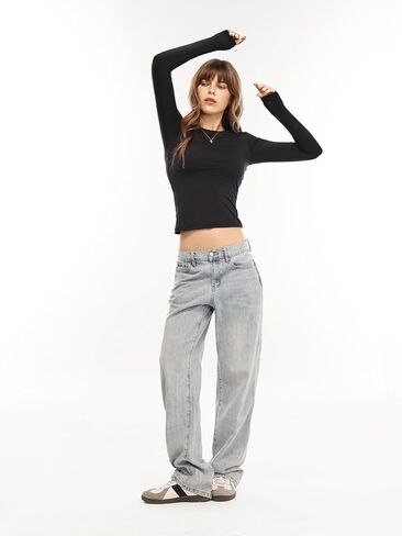 Danysu Double Lined High Round Neck Long Sleeve Tops for Women with Built in Bra Nylon Basic Crop Fall Tee Shirts in Saudi Arabia