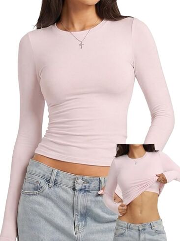 Danysu Double Lined High Round Neck Long Sleeve Tops for Women with Built in Bra Nylon Basic Crop Fall Tee Shirts in Saudi Arabia