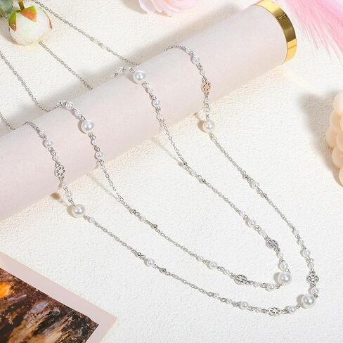Long Gold Pearl Necklaces for Women, Trendy Dainty Layered Pearl Necklace Statement Strand Chain Fashion Jewelry Gift Sweater Accessories in Saudi Arabia