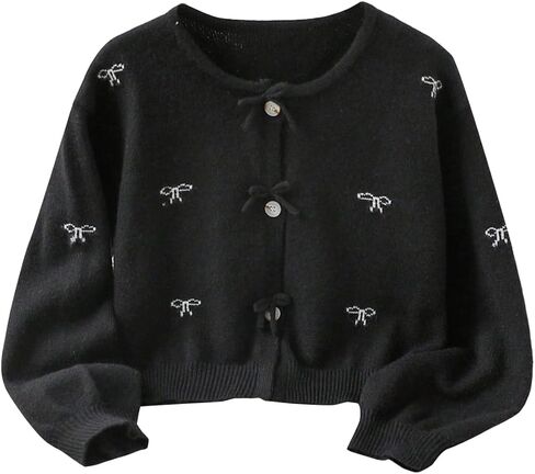 Girl's Bow Print Cardigan Button Down Crew Neck Long Sleeve Cute Sweater Cardigans in Saudi Arabia