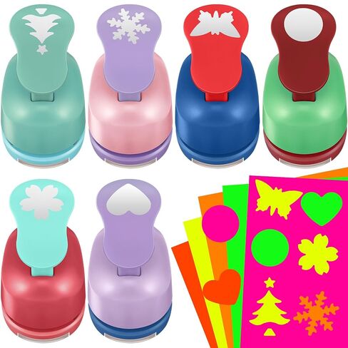 6 Pcs Colorful Craft Hole Punch with 30 Pcs Colorful Craft Sticker Paper Punch 1 Inch Paper Punchers Scrapbook Punches with Craft Sticker Paper, Flower, Round, Star, Square, Heart, Wave Circle Shape in Kuwait