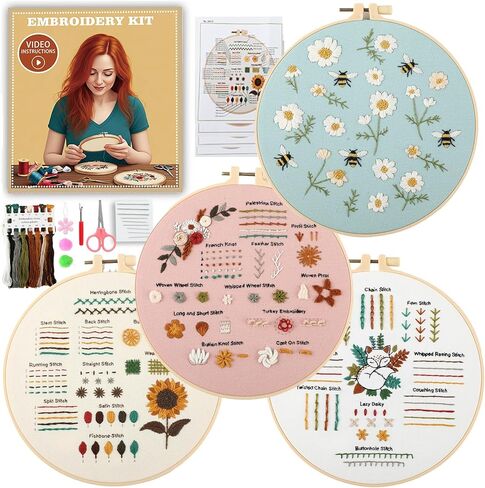 JOINRUN Beginner DIY Embroidery Kit for Adults: 4 Sets Adults Cross Stitch Kit, for Craft Lover Learn Hand Stitch, Includes Stamped Pattern,Hoop, Easy to Follow Instruction and Video in Saudi Arabia