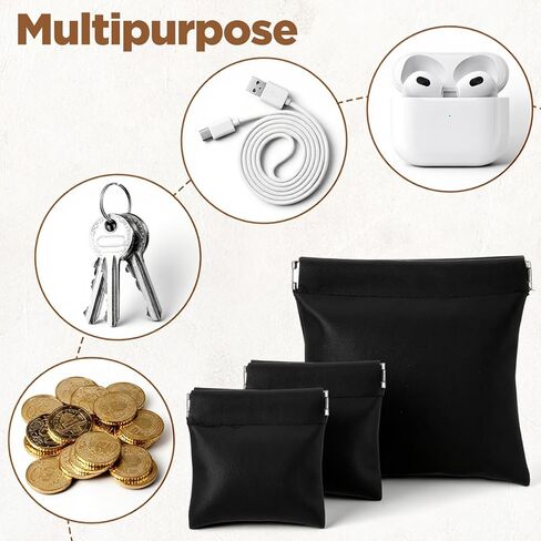 3 Pcs Leather Squeeze Coin Purse Pouch Change Holder Self-Closing Coin Pouch for Men No Zipper Small Change Purse Black Portable Small Makeup Bag Storage Travel fit Cosmetics Headphones Jewelry Women in Saudi Arabia