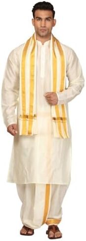 مجموعة بنطلونات كورتا دوتي الحريرية ذات اللون الكريمي للرجال من Sethukrishna (كريمي) (M) (KCRF101FSMD690T241) in Saudi Arabia