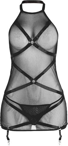 Women's Sexy Lingerie Dress with Garter Sheer Mesh Halter Dress Backless Elastic Slim Nightgown Sleepwear with Thong in Saudi Arabia