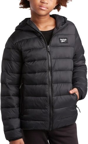 Reebok Boys Winter Coat - Lightweight Insulated Puffer Jacket - Wind & Water Resistant Quilted Hooded Winter Jacket for Boys, Size 7, Black in Saudi Arabia