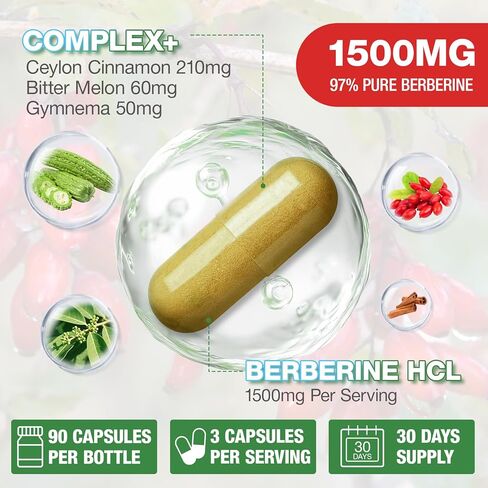 Berberine Supplement 1500mg - Premium Berberine HCl 97% Purity Berberine Plus Pure Ceylon Cinnamon, High Potency Berberine for Men Women, Non-GMO Vegan 2Pack in Saudi Arabia