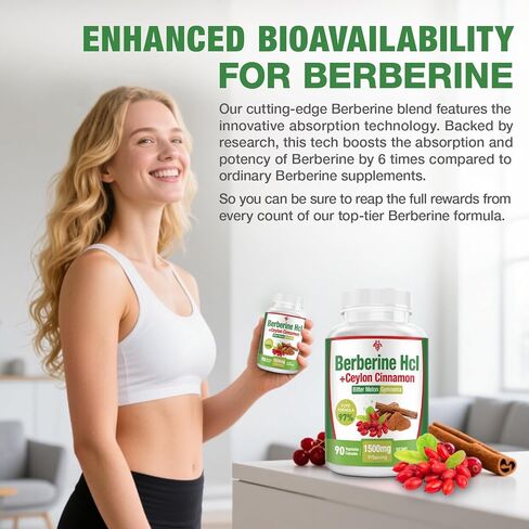 Berberine Supplement 1500mg - Premium Berberine HCl 97% Purity Berberine Plus Pure Ceylon Cinnamon, High Potency Berberine for Men Women, Non-GMO Vegan 2Pack in Saudi Arabia