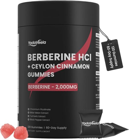 Berberine HCl Gummies Supplement 2000mg, High Potency Berberine with Ceylon Cinnamon, Chromium and Bitter Melon for Women & Men, Metabolism Support, AMPK, Sugar Free, Vegan, 120 Count, 60 Day Supply in Kuwait