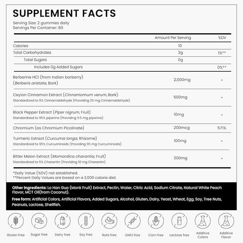 Berberine HCl Gummies Supplement 2000mg, High Potency Berberine with Ceylon Cinnamon, Chromium and Bitter Melon for Women & Men, Metabolism Support, AMPK, Sugar Free, Vegan, 120 Count, 60 Day Supply in Kuwait