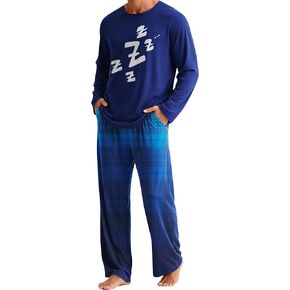 Mens Pajamas Set Sleepwear Long Sleeve Tops and Plaid Pajama Pants Set Soft Loungewear Sets with Pockets in Saudi Arabia