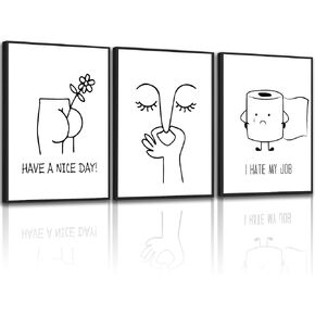 3pcs مضحك الحمام جدار الفن أبيض وأسود ملصقات المرحاض يطبع عمل فني روح الدعابة صور رائحة سيئة المرحاض أوراق لفة قماش جدار ديكور للحد الأدنى ديكور الحمام المرحاض 12 × 16 بوصة غير المؤطرة in Kuwait